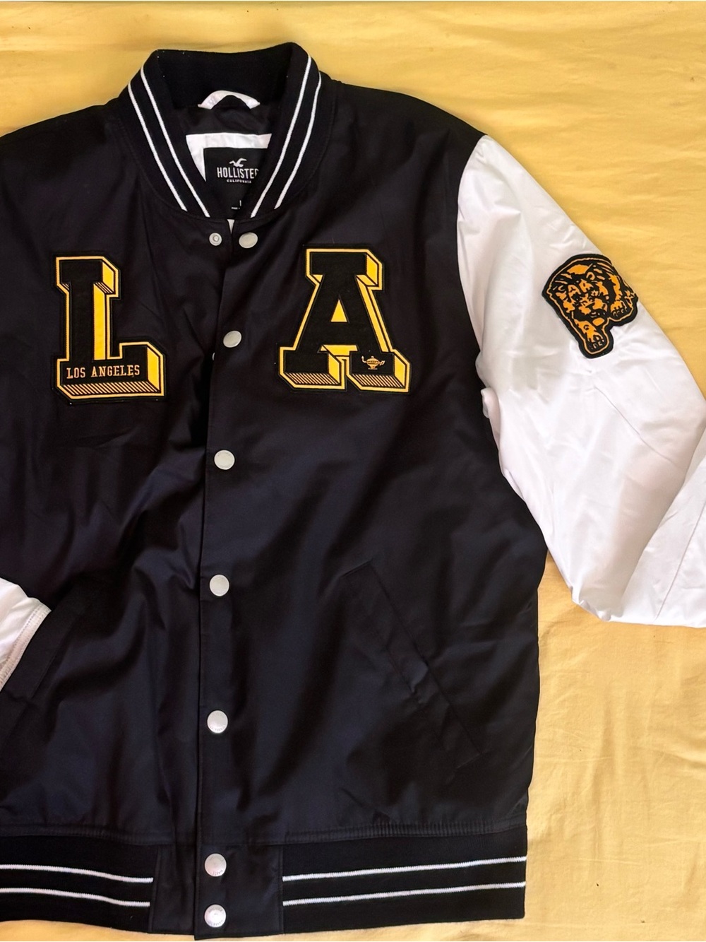Hollister Black & White LA Letterman Bomber Jacket with Yellow Patches